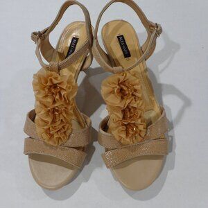 Alex Marie Women's Beige Leather Floral Ruffle Beaded Open Toe Sandals Size 8M